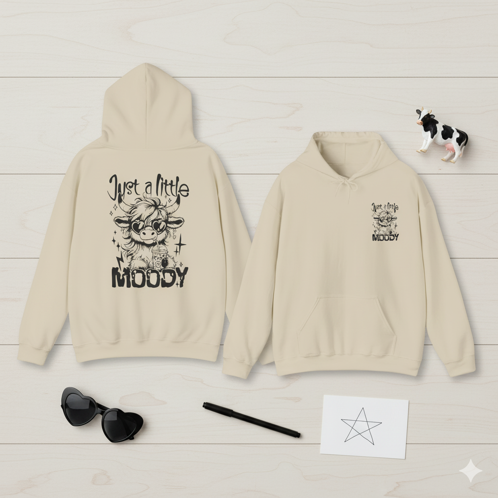 Just a Little Moody Hoodie – Cute Highland Cow Sweatshirt, Funny Cow Lover Gift, Sassy Coffee Cow Hoodie, Cozy Winter Farm Girl Pullover
