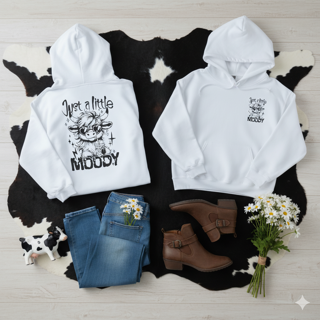 Just a Little Moody Hoodie – Cute Highland Cow Sweatshirt, Funny Cow Lover Gift, Sassy Coffee Cow Hoodie, Cozy Winter Farm Girl Pullover