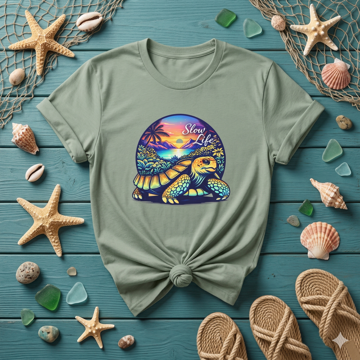 Slow Life Shirt, Sea Turtle Beach Tee, Coastal Vibes Shirt, Ocean Aesthetic Shirt, Tropical Sunset Shirt, Relaxed Beach Shirt