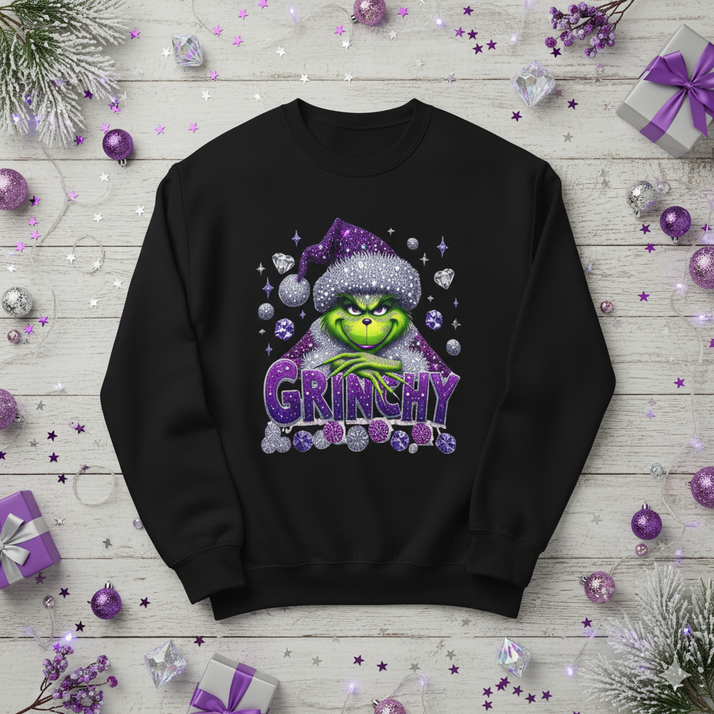 Grinchy Holiday Crewneck Sweatshirt — Sparkling Purple Grinch Design