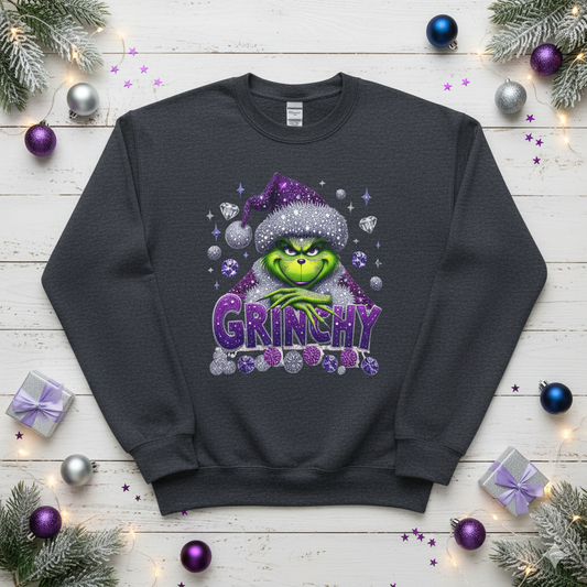 Grinchy Holiday Crewneck Sweatshirt — Sparkling Purple Grinch Design