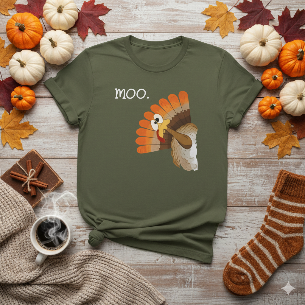 Funny Turkey 'Moo.' T-Shirt — Thanksgiving Humor Tee