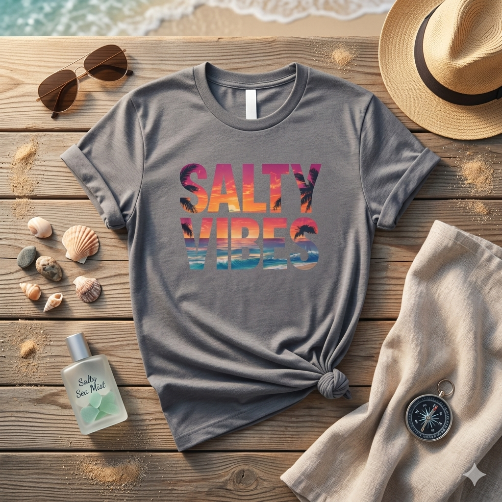 Salty Vibes Shirt, Beach Sunset Graphic Tee, Summer Aesthetic Shirt, Ocean Lover Gift, Coastal Vibe T-Shirt, Trendy Vacation Tee
