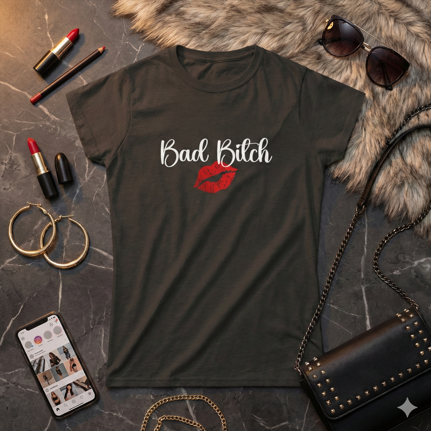 Bad Bitch T-Shirt – Sassy Red Lips Graphic Tee, Confident Woman Shirt, Bold Feminine Energy Top, Funny Empowerment Gift for Her