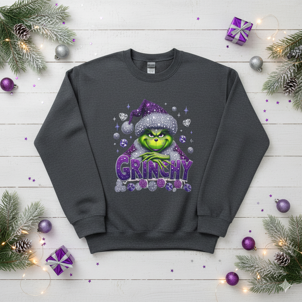 Grinchy Holiday Crewneck Sweatshirt — Sparkling Purple Grinch Design