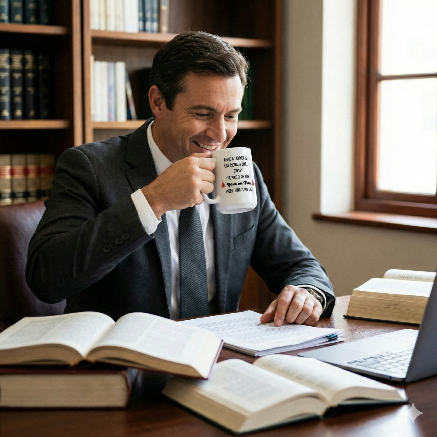 Being a Lawyer Is Like Riding a Bike… Everything’s on Fire – Funny Lawyer Mug (15oz) | Attorney Gift, Law School Humor