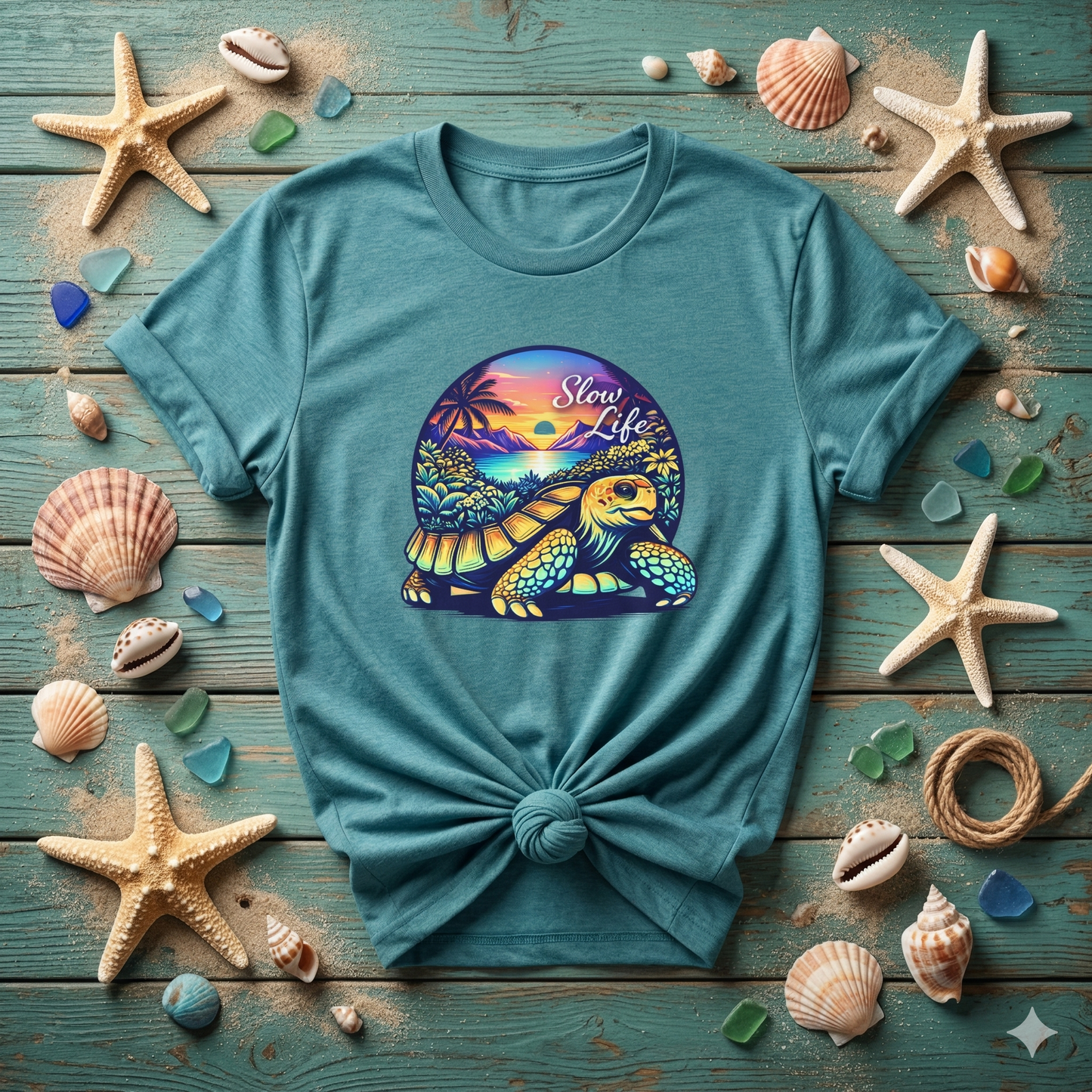 Slow Life Shirt, Sea Turtle Beach Tee, Coastal Vibes Shirt, Ocean Aesthetic Shirt, Tropical Sunset Shirt, Relaxed Beach Shirt