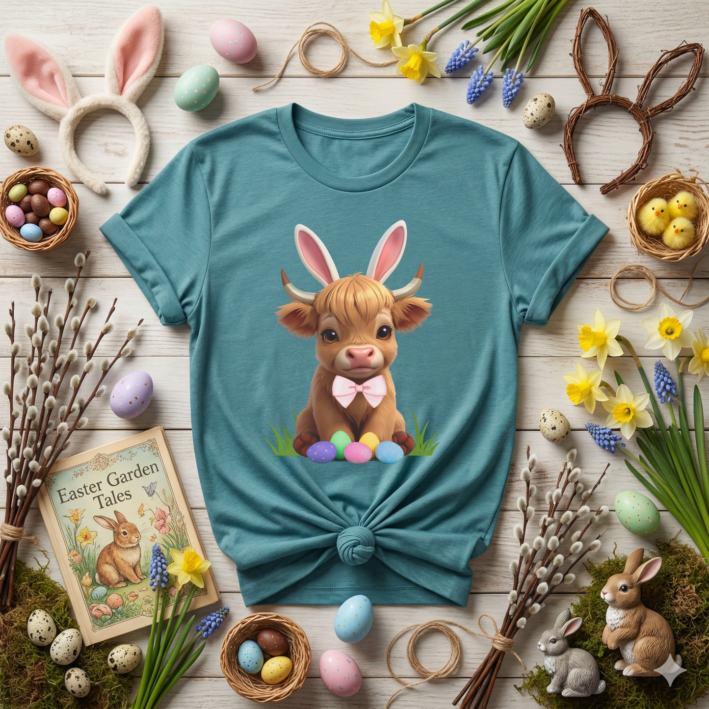 Easter Cow Tee — Cute Calf with Bunny Ears & Colorful Eggs T-Shirt