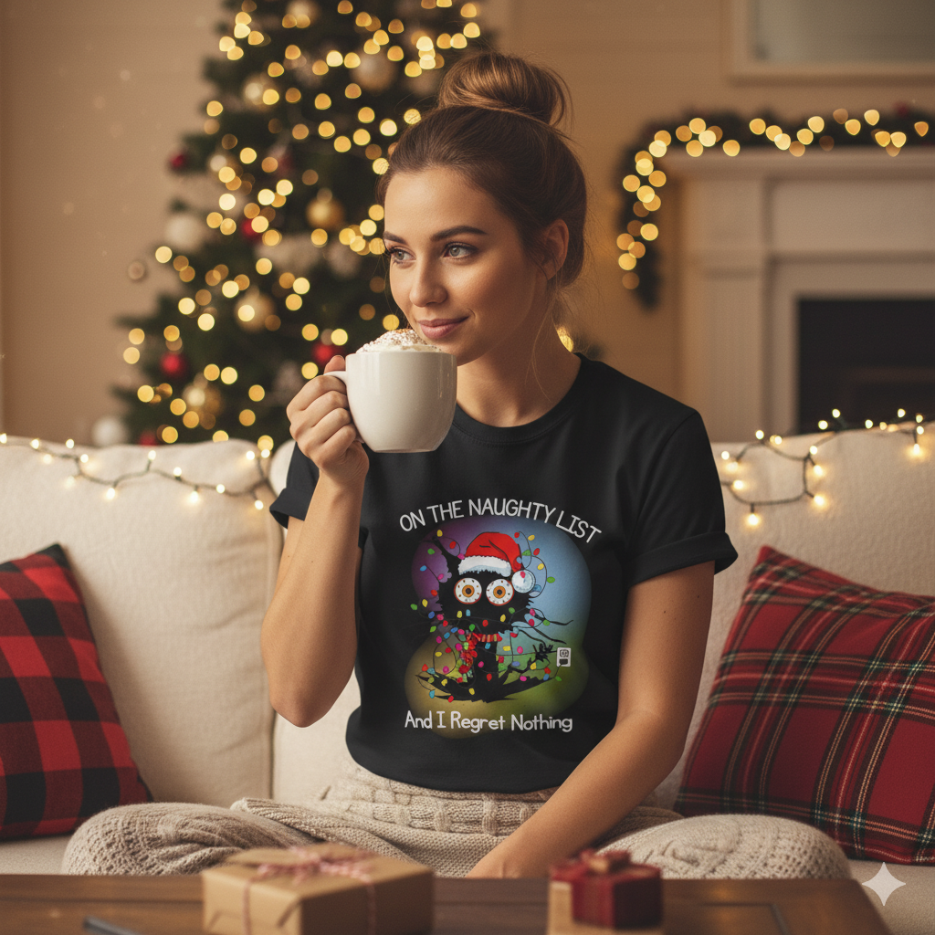 Naughty List Christmas T-Shirt, Funny Black Cat Xmas Tee, Tangled Lights, “And I Regret Nothing” Holiday Graphic Unisex  Description