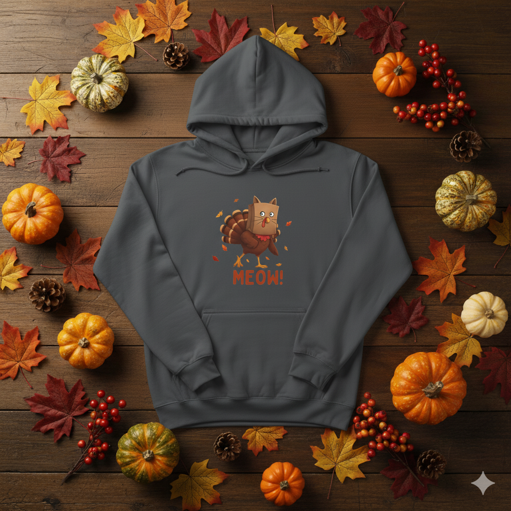 Funny Thanksgiving Hoodie – “Meow!” Turkey in Cat Disguise | Cozy Fall Humor Hoodie | Turkey Day Graphic Pullover