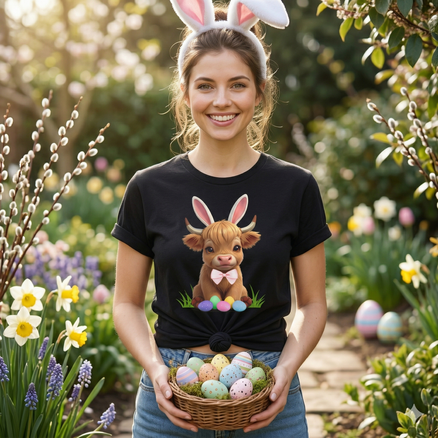 Easter Cow Tee — Cute Calf with Bunny Ears & Colorful Eggs T-Shirt