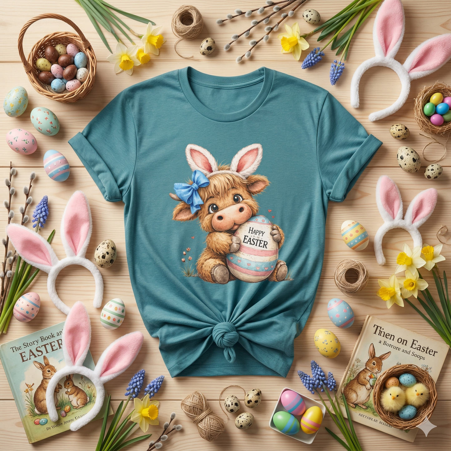 Cute Highland Cow Easter Shirt, Bunny Ears Cow Tee, Kawaii Farm Animal Graphic, Pastel Easter Outfit, Spring Cute Shirt