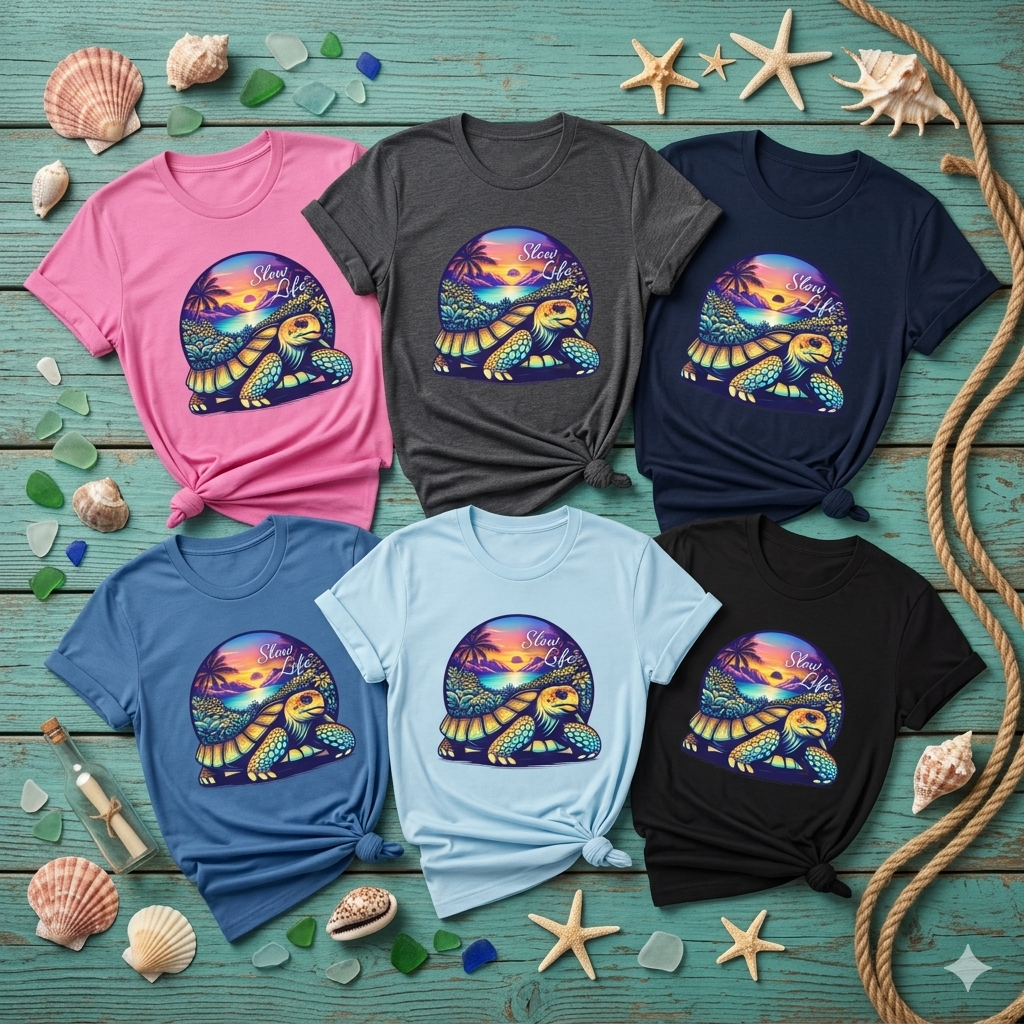 Slow Life Shirt, Sea Turtle Beach Tee, Coastal Vibes Shirt, Ocean Aesthetic Shirt, Tropical Sunset Shirt, Relaxed Beach Shirt