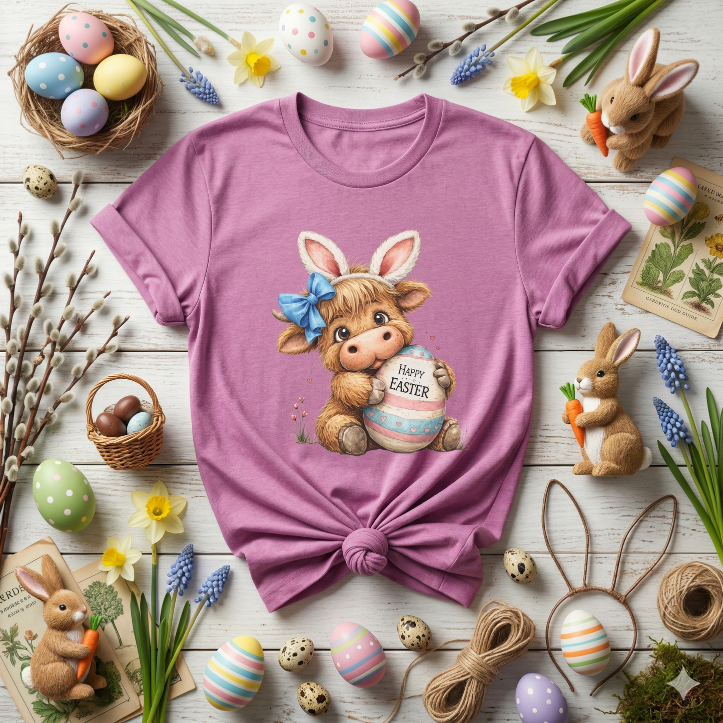 Cute Highland Cow Easter Shirt, Bunny Ears Cow Tee, Kawaii Farm Animal Graphic, Pastel Easter Outfit, Spring Cute Shirt