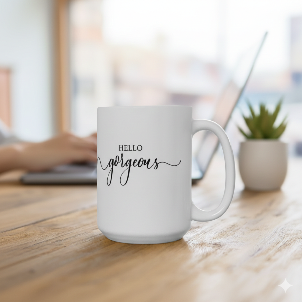 Hello Gorgeous White Ceramic Mug 15oz,  Gift for Loved One, Affirmation Mug