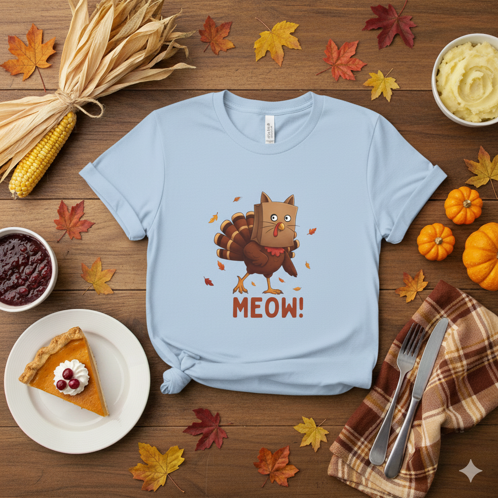 Funny Thanksgiving Shirt – “Meow!” Turkey in Cat Disguise Tee | Hilarious Fall Graphic T-Shirt | Turkey Day Humor Gift