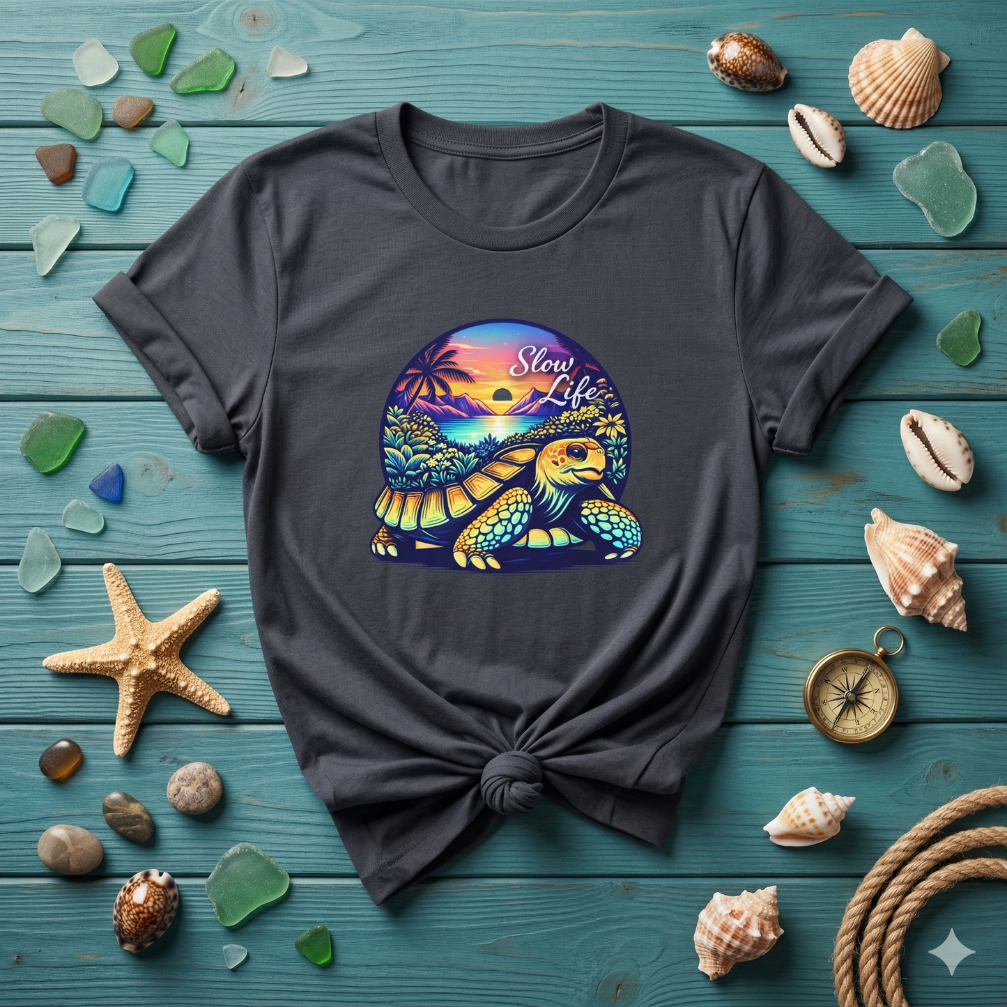 Slow Life Shirt, Sea Turtle Beach Tee, Coastal Vibes Shirt, Ocean Aesthetic Shirt, Tropical Sunset Shirt, Relaxed Beach Shirt