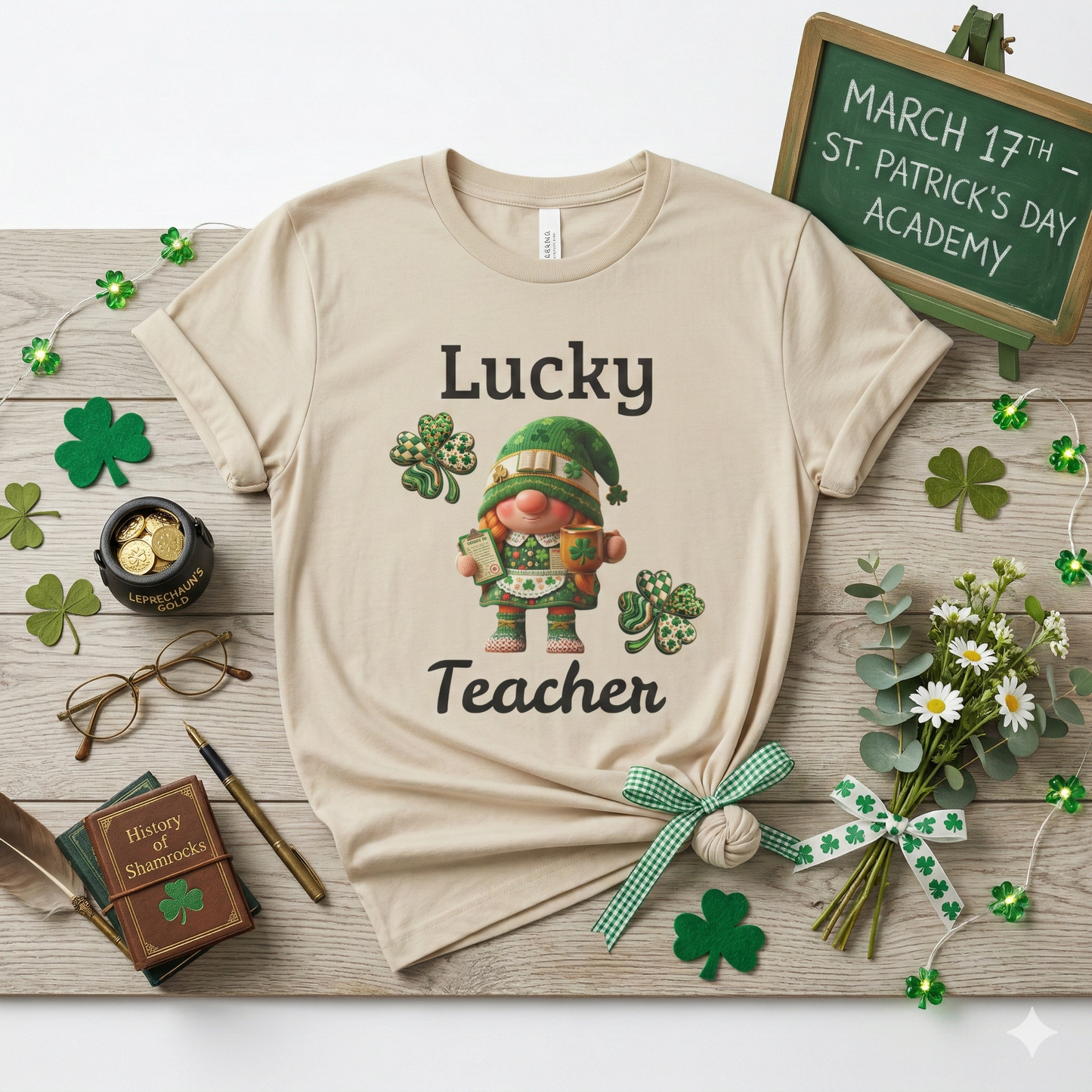 Lucky Teacher T-Shirt — St. Patrick’s Day Shamrock Gnome Tee