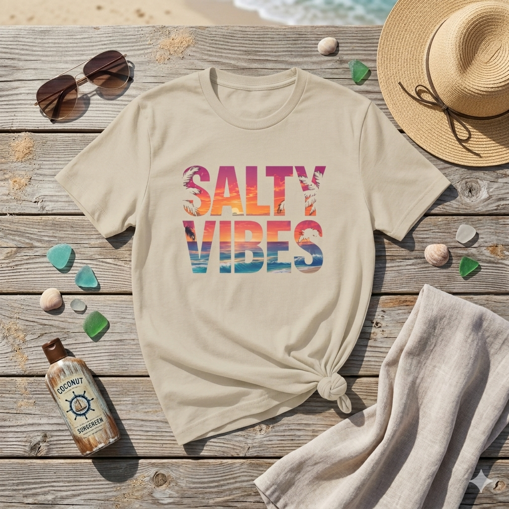 Salty Vibes Shirt, Beach Sunset Graphic Tee, Summer Aesthetic Shirt, Ocean Lover Gift, Coastal Vibe T-Shirt, Trendy Vacation Tee