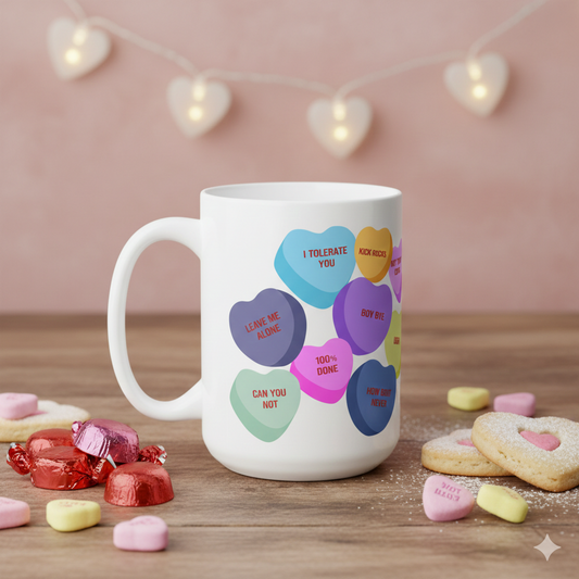 Anti-Valentine Candy Hearts Mug 15oz, Funny Valentine Mug, 15oz Coffee Mug, Sarcastic Valentine