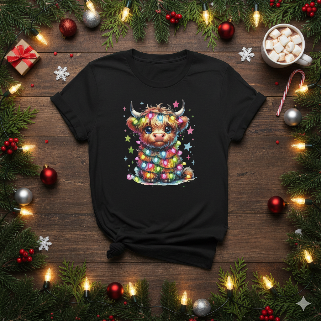 Whimsical Cow Christmas T-Shirt Cute Highland Cow Christmas Lights T-Shirt | Adorable Holiday Cow Tee | Cozy Farm Animal Christmas Gift | Festive Cow Lover Shirt