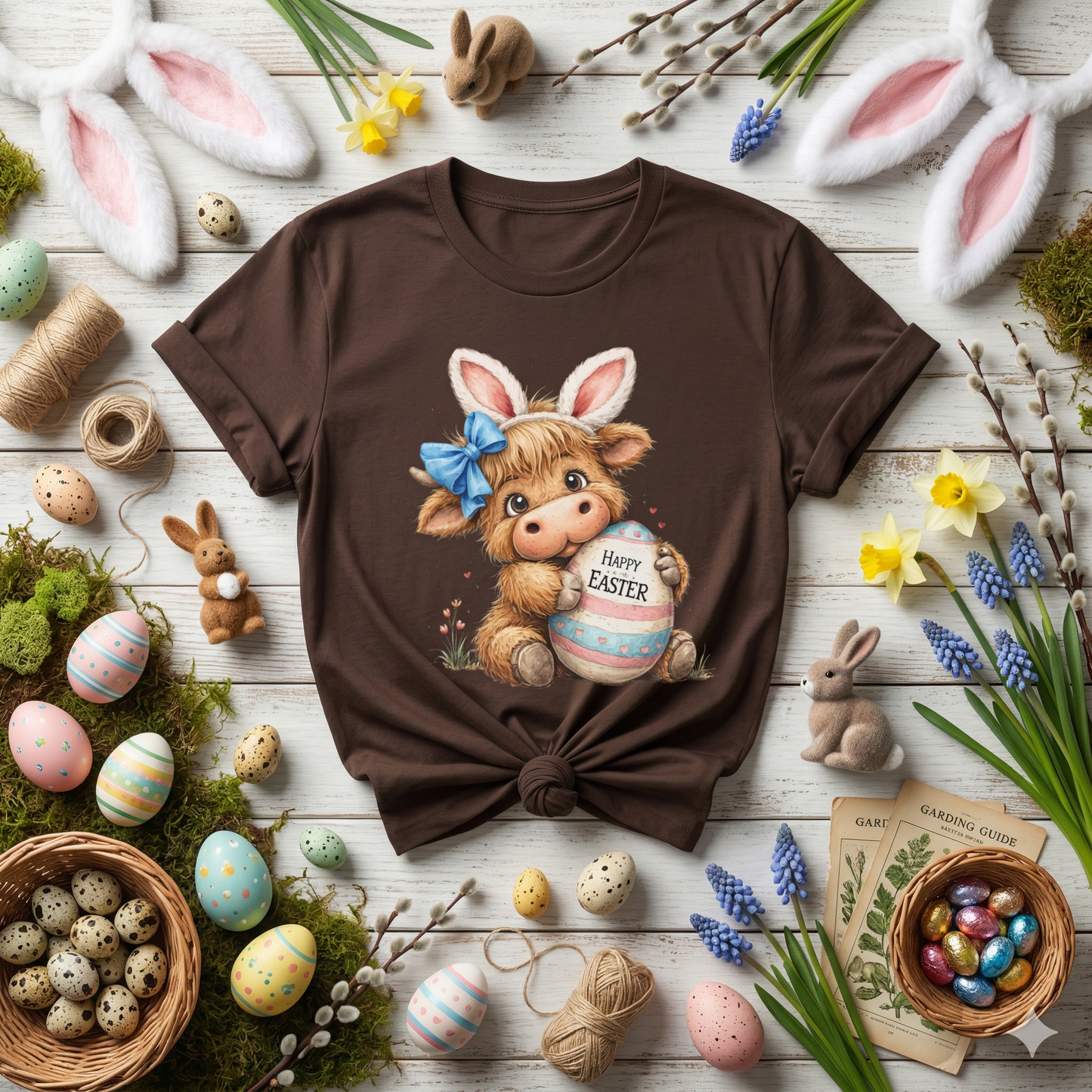 Cute Highland Cow Easter Shirt, Bunny Ears Cow Tee, Kawaii Farm Animal Graphic, Pastel Easter Outfit, Spring Cute Shirt