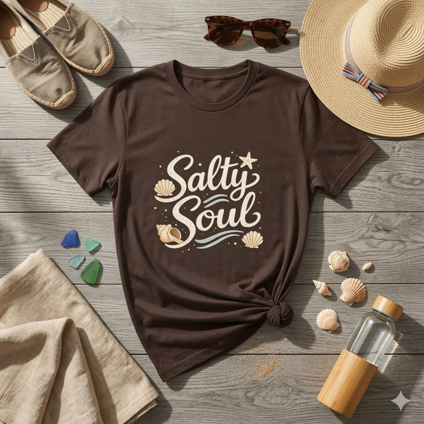 Salty Soul Beach T-Shirt – Coastal Graphic Tee with Seashells – Ocean Lover Shirt – Beach Life Shirt – Summer Vacation Tee