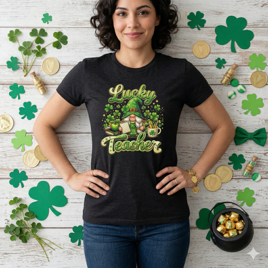 Lucky Teacher St. Patrick's Day T-Shirt — Cute Gnome & Shamrock Classroom Gift
