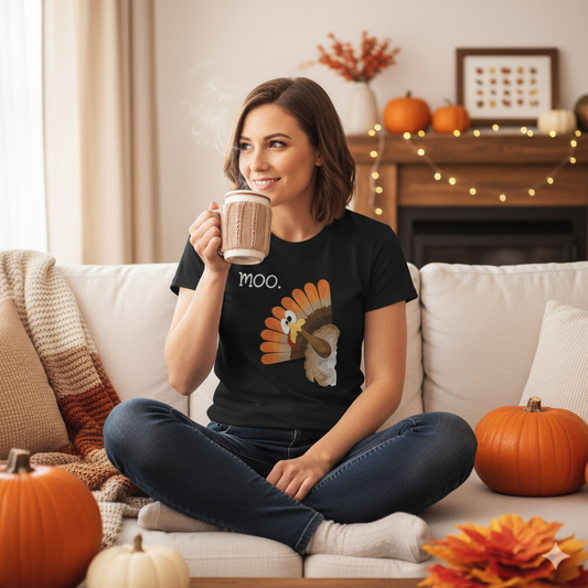 Funny Turkey 'Moo.' T-Shirt — Thanksgiving Humor Tee
