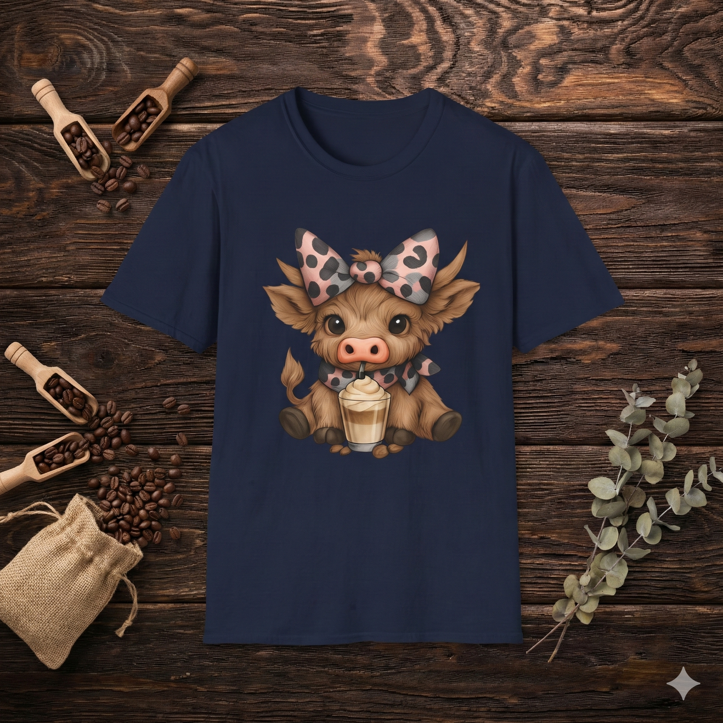 Cute Highland Cow Graphic T-Shirt — Cow with Cupcake & Leopard Bow