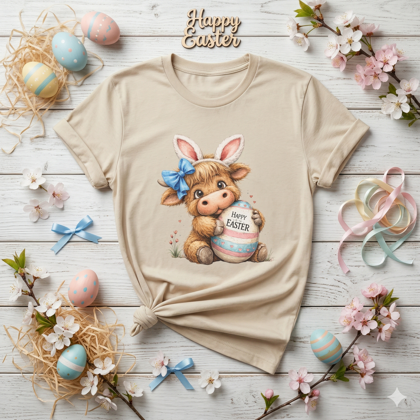 Cute Highland Cow Easter Shirt, Bunny Ears Cow Tee, Kawaii Farm Animal Graphic, Pastel Easter Outfit, Spring Cute Shirt