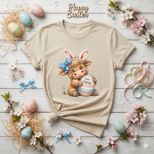 Cute Highland Cow Easter Shirt, Bunny Ears Cow Tee, Kawaii Farm Animal Graphic, Pastel Easter Outfit, Spring Cute Shirt