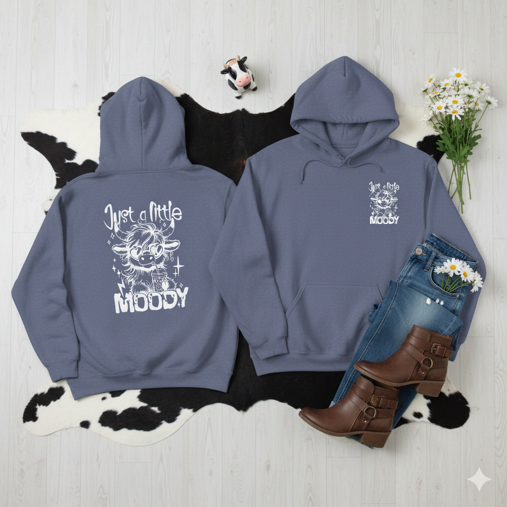 Just a Little Moody Hoodie – Cute Highland Cow Sweatshirt, Funny Cow Lover Gift, Sassy Coffee Cow Hoodie, Cozy Winter Farm Girl Pullover