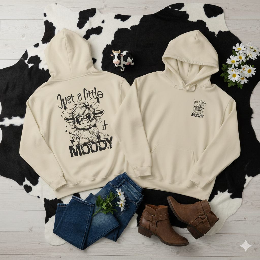 Just a Little Moody Hoodie – Cute Highland Cow Sweatshirt, Funny Cow Lover Gift, Sassy Coffee Cow Hoodie, Cozy Winter Farm Girl Pullover