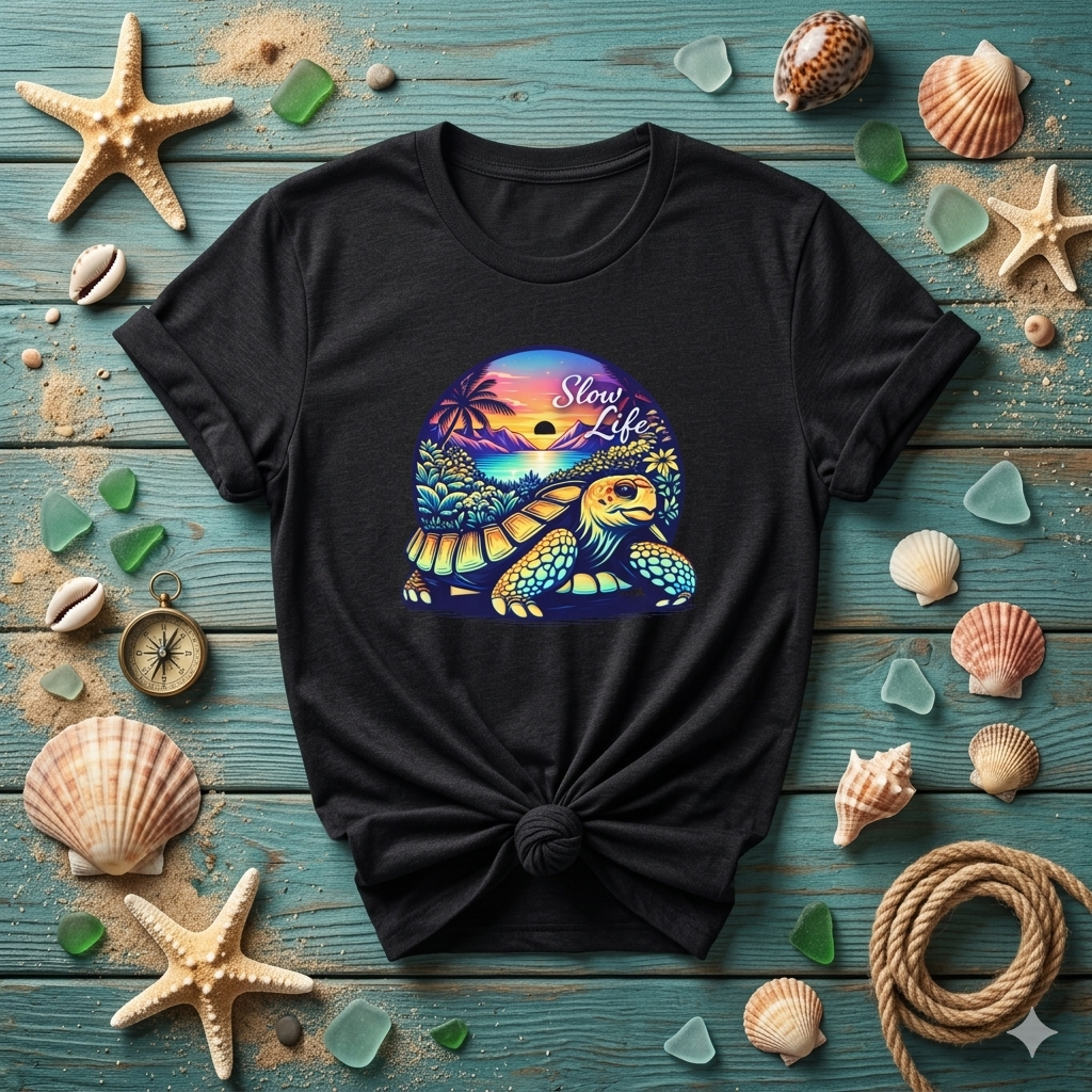 Slow Life Shirt, Sea Turtle Beach Tee, Coastal Vibes Shirt, Ocean Aesthetic Shirt, Tropical Sunset Shirt, Relaxed Beach Shirt