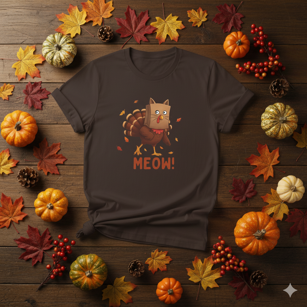 Funny Thanksgiving Shirt – “Meow!” Turkey in Cat Disguise Tee | Hilarious Fall Graphic T-Shirt | Turkey Day Humor Gift