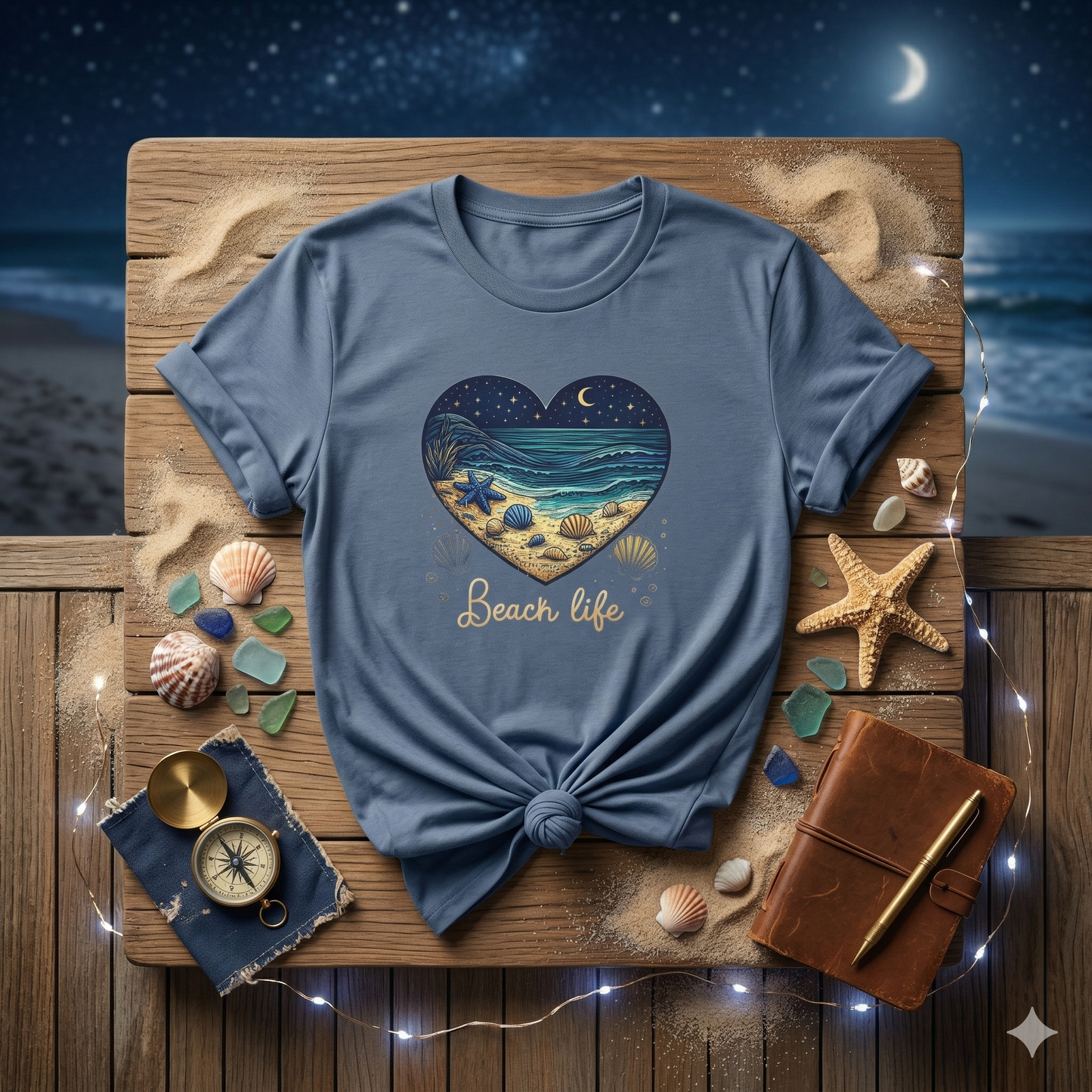 Beach Life Shirt, Coastal Night Beach Tee, Ocean Waves Shirt, Beach Aesthetic Shirt, Seashell Graphic Tee, Coastal Vibes Shirt