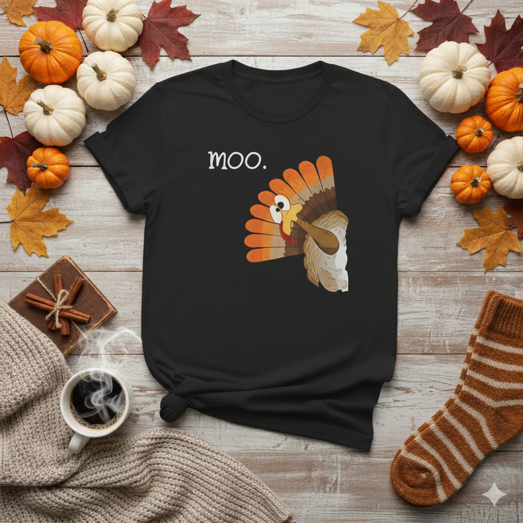 Funny Turkey 'Moo.' T-Shirt — Thanksgiving Humor Tee