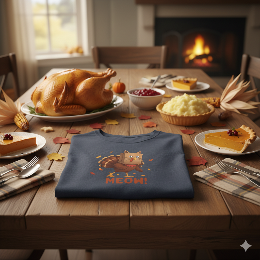 Funny Thanksgiving Shirt – “Meow!” Turkey in Cat Disguise Tee | Hilarious Fall Graphic T-Shirt | Turkey Day Humor Gift