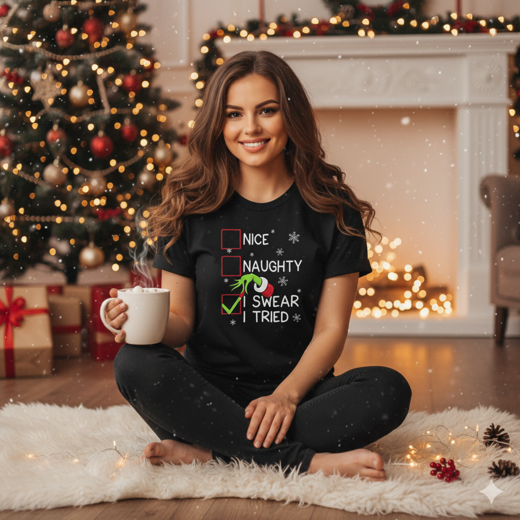 Funny Christmas Shirt – “Nice, Naughty, I Swear I Tried” | Grinch Hand Holiday Humor Tee | Adult Xmas Graphic Shirt