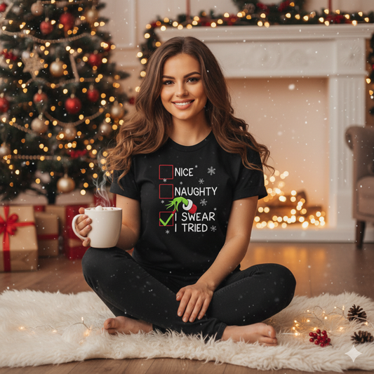 Funny Christmas Shirt – “Nice, Naughty, I Swear I Tried” | Grinch Hand Holiday Humor Tee | Adult Xmas Graphic Shirt