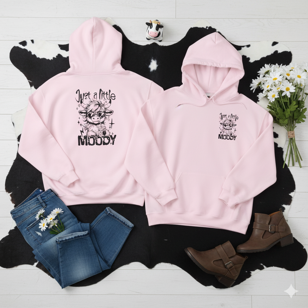Just a Little Moody Hoodie – Cute Highland Cow Sweatshirt, Funny Cow Lover Gift, Sassy Coffee Cow Hoodie, Cozy Winter Farm Girl Pullover
