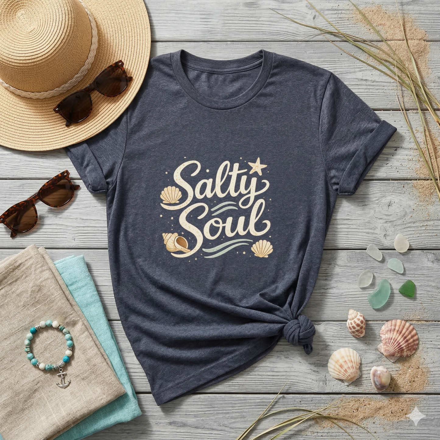 Salty Soul Beach T-Shirt – Coastal Graphic Tee with Seashells – Ocean Lover Shirt – Beach Life Shirt – Summer Vacation Tee