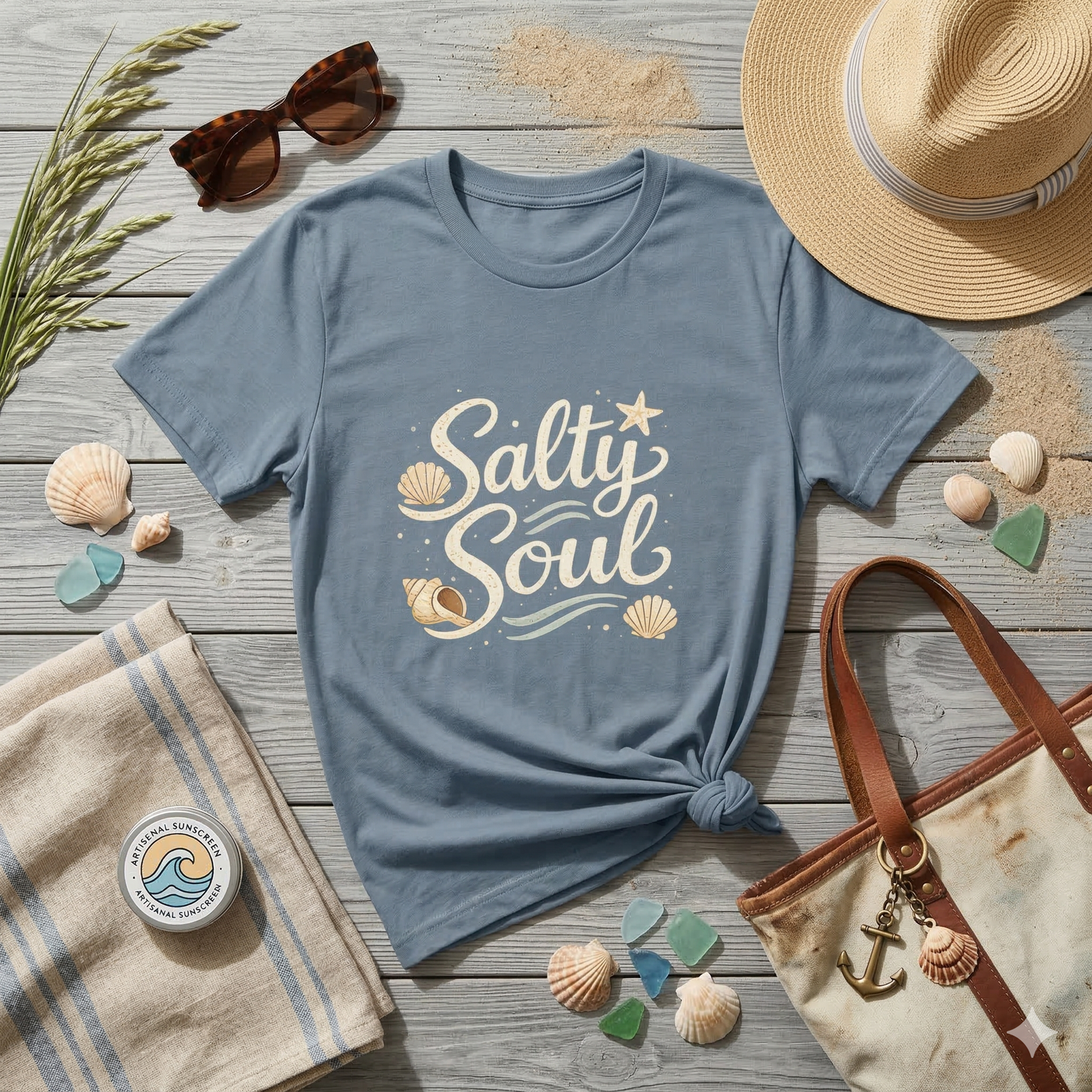 Salty Soul Beach T-Shirt – Coastal Graphic Tee with Seashells – Ocean Lover Shirt – Beach Life Shirt – Summer Vacation Tee