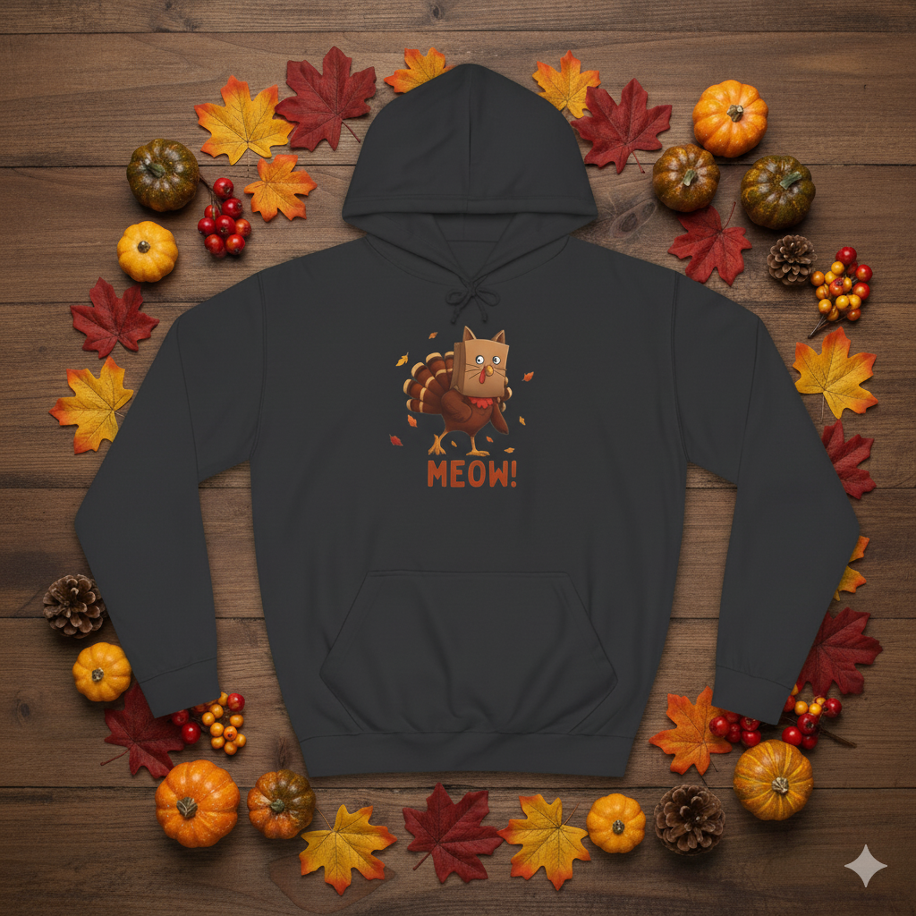 Funny Thanksgiving Hoodie – “Meow!” Turkey in Cat Disguise | Cozy Fall Humor Hoodie | Turkey Day Graphic Pullover