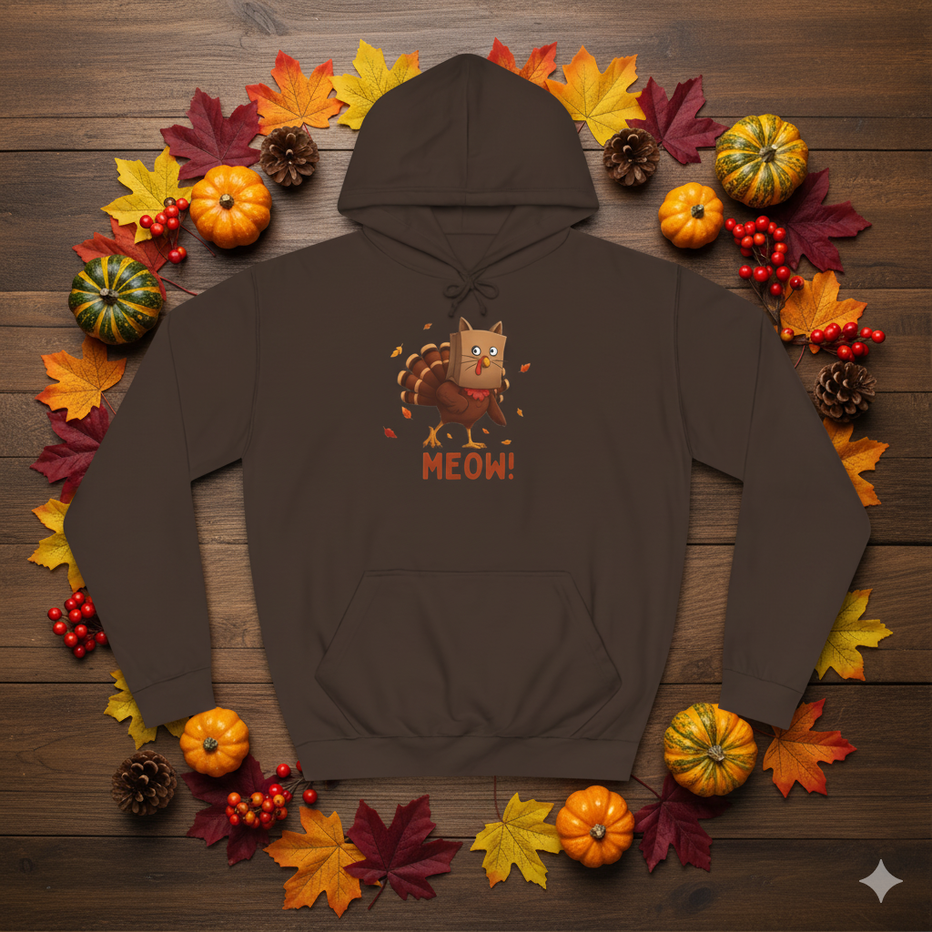 Funny Thanksgiving Hoodie – “Meow!” Turkey in Cat Disguise | Cozy Fall Humor Hoodie | Turkey Day Graphic Pullover