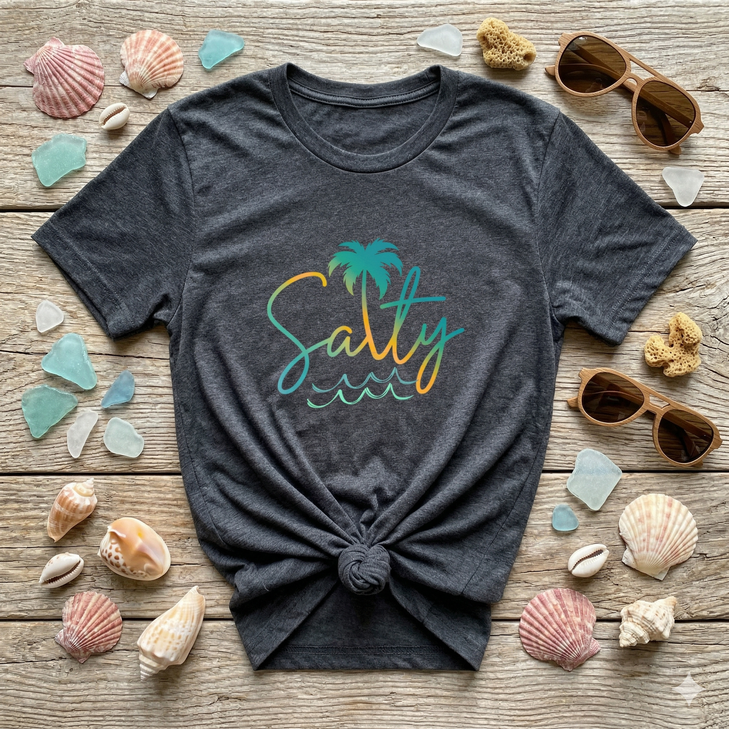 Salty Palm Beach T-Shirt — Tropical Script Tee with Palm Tree & Waves