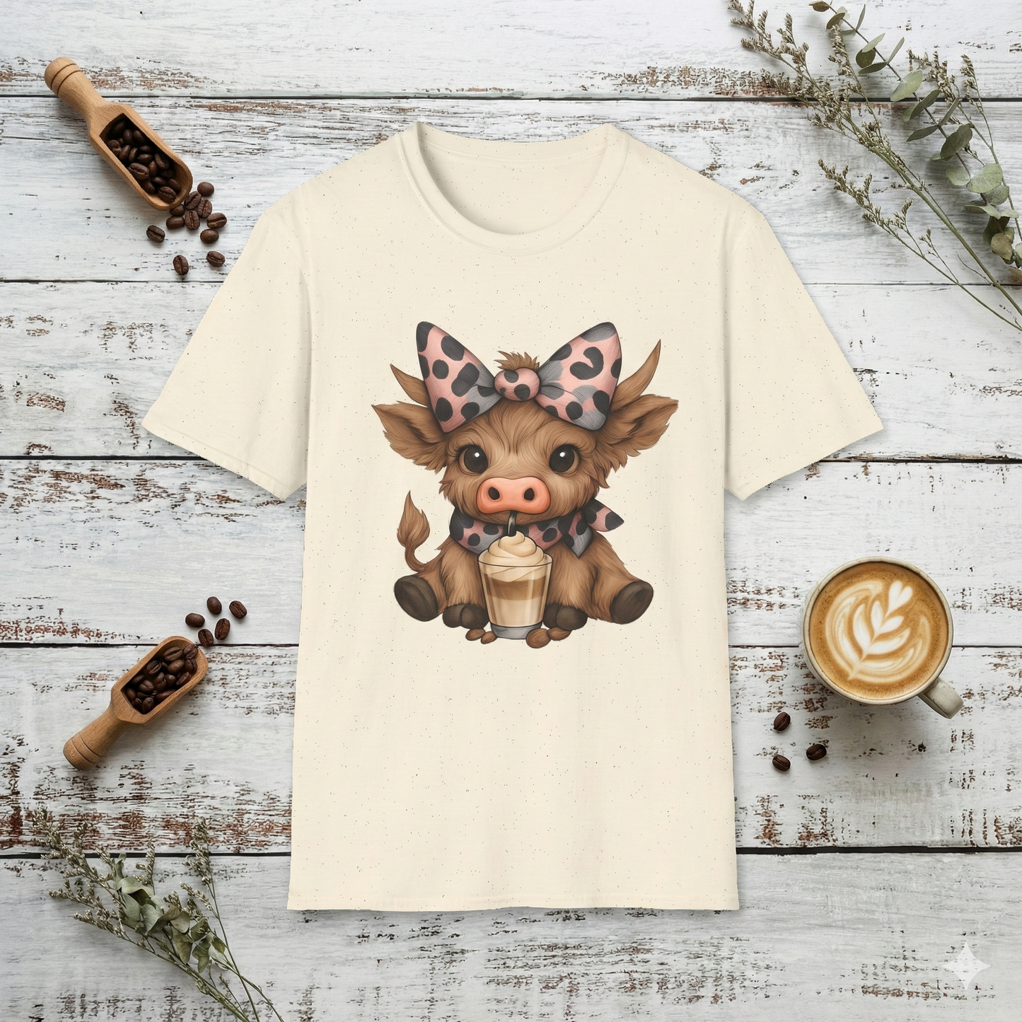 Cute Highland Cow Graphic T-Shirt — Cow with Cupcake & Leopard Bow