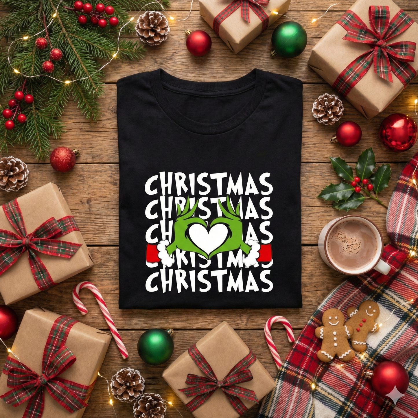 Christmas Grinch Heart T-Shirt — Festive Holiday Graphic Tee, Funny Green Hand Christmas Tee