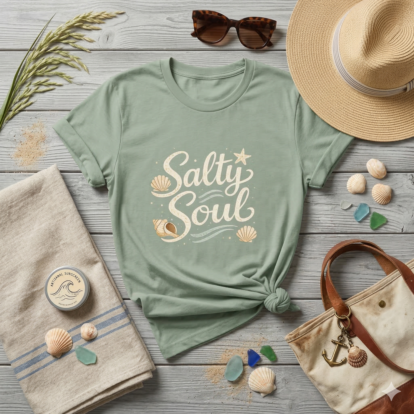 Salty Soul Beach T-Shirt – Coastal Graphic Tee with Seashells – Ocean Lover Shirt – Beach Life Shirt – Summer Vacation Tee